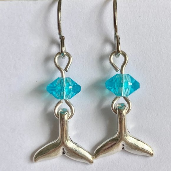 Silver Mermaid Whale Tail Earrings Aqua Bead Plated Dangle Dainty Nautical - Picture 7 of 12